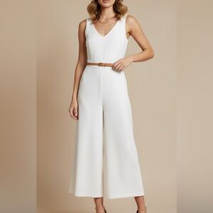 Trina Turk Jumpsuit Sleeveless V-neck Size 10 White Crop Wide Leg EUC *No Belt